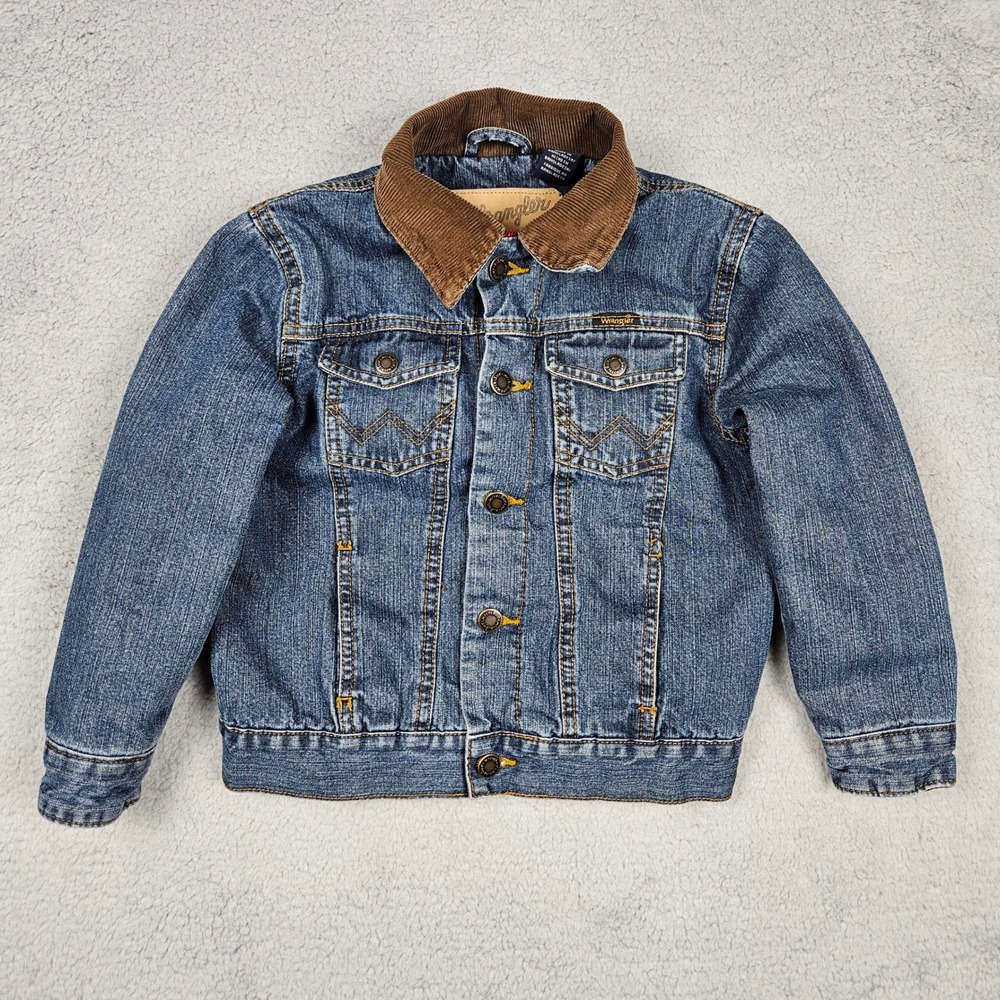 Wrangler Kid Small Blue Denim Jacket Plaid Lined Corduroy Collar Western Trucker